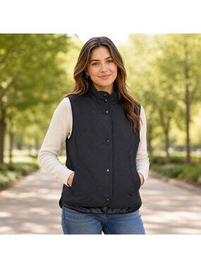 A New Day Lightweight Quilted Vest Black Water Resistant Snap Buttons Size S